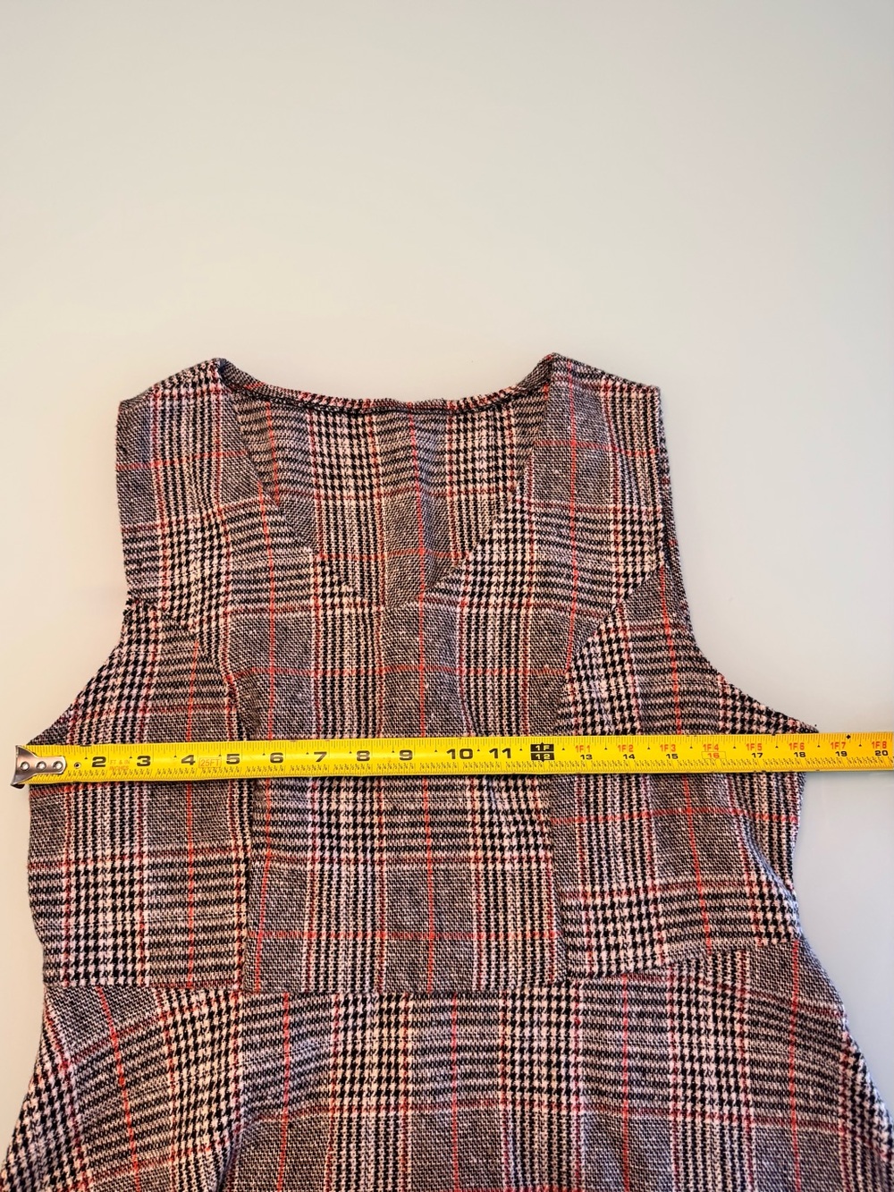 Glen Plaid V-Neck Sleeveless Pinafore Midi Dress Grey Orange M Fall Layering - Picture 2 of 11